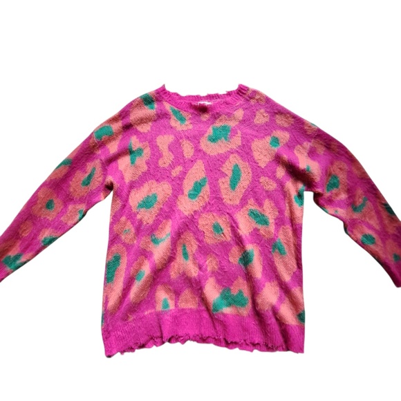 Umgee Women’s Large Pink Leopard Sweater Distressed Neck Boutique Pullover - Picture 1 of 8
